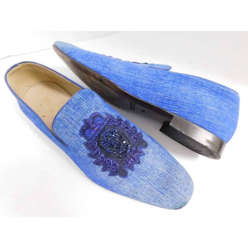Donald J Pliner PAZANOSP Embellished Crest Linen Loafer, Blue $525rt sz 9.5M‎